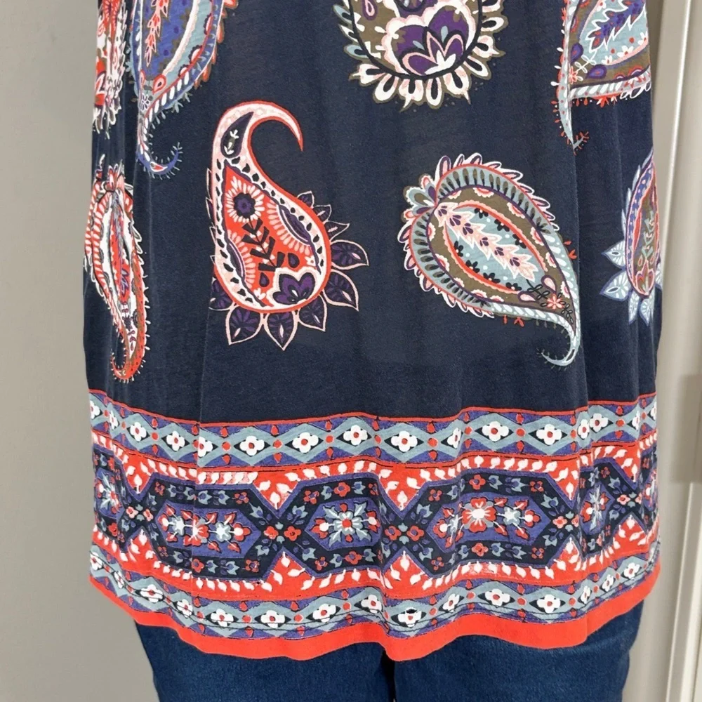 Tory Burch Dapper Paisley Print Short Sleeve TShirt Navy Blue Sz M
